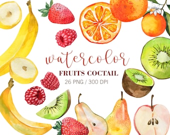 Watercolor Fruits Coctail, Summer clipart, Watercolor tropical fruit clipart, Berry Clipart, banana slice, kiwi, raspberry, strawberry PNG,