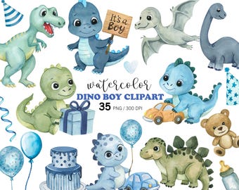 Watercolor Dinosaur Boy Clipart, Cute Dino Baby Shower Clipart, Blue Dinosaur PNG Bundle, Baby Boy Dino Nursery Graphics, Boy 1st Birthday
