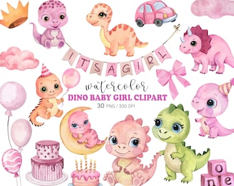 Dinosaur Baby Girl Clipart, Watercolor Pink Dino PNG Bundle, Cute Dinosaur Baby Shower, Girl Dino Nursery Graphics, Kids Birthday Party