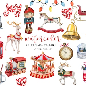 Watercolor Christmas Toys Clipart PNG, Christmas Decor, Nutcracker, Carousel, Horse, Train, Raindeer, Hand Painted Christmas elements