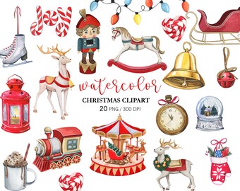 Watercolor Christmas Toys Clipart PNG, Christmas Decor, Nutcracker, Carousel, Horse, Train, Raindeer, Hand Painted Christmas elements