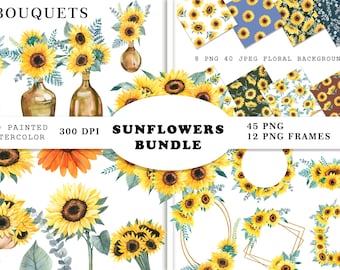 Paquete de girasoles en acuarela, patrones de girasoles, marcos, ramos, imágenes prediseñadas de vegetación, eucalipto, diseños de invitaciones de boda.