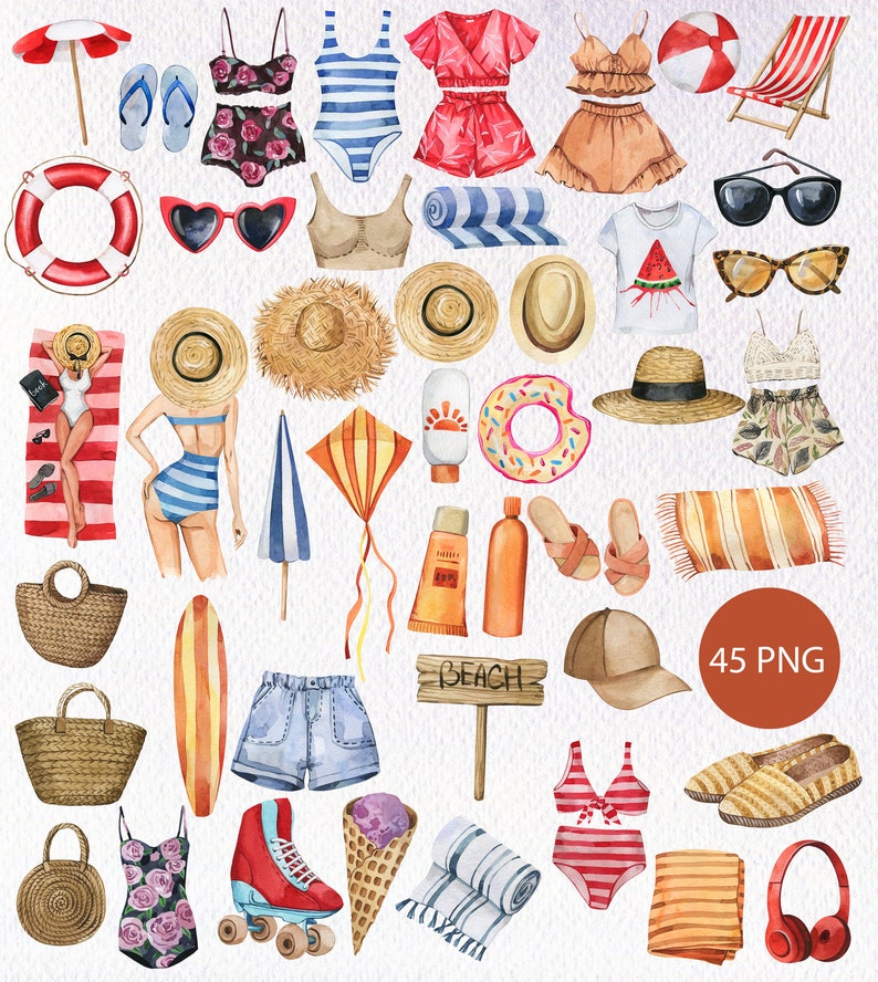 Aquarell Strand Clipart, Urlaub Clipart PNG, Reise Clipart, Sommer Clipart, Aquarell Tropisch Clipart, Sommerurlaub Clipart Bild 2