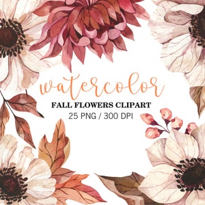 Aquarelle automne Clipart, Clipart floral, fleurs d'automne, Marsala Bourgogne Blush, PNG, Clipart Thanksgiving, Collection DIY mariage