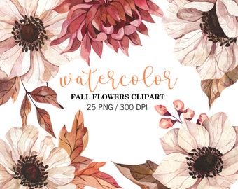 Aquarel herfst clipart, bloemen clipart, herfstbloemen, Marsala bordeaux blush bloemen, PNG, Thanksgiving clipart, bruiloft DIY-collectie