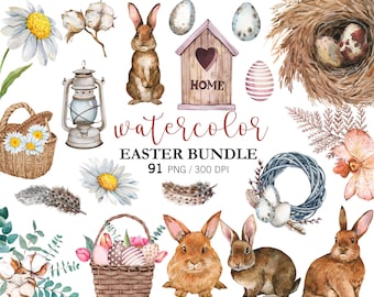 Easter BIG BUNDLE PNG, Easter egg hunt decorations, Watercolor Bunnies, Easter wreath,  Eucalyptus, Rustic Farmhouse Easter
