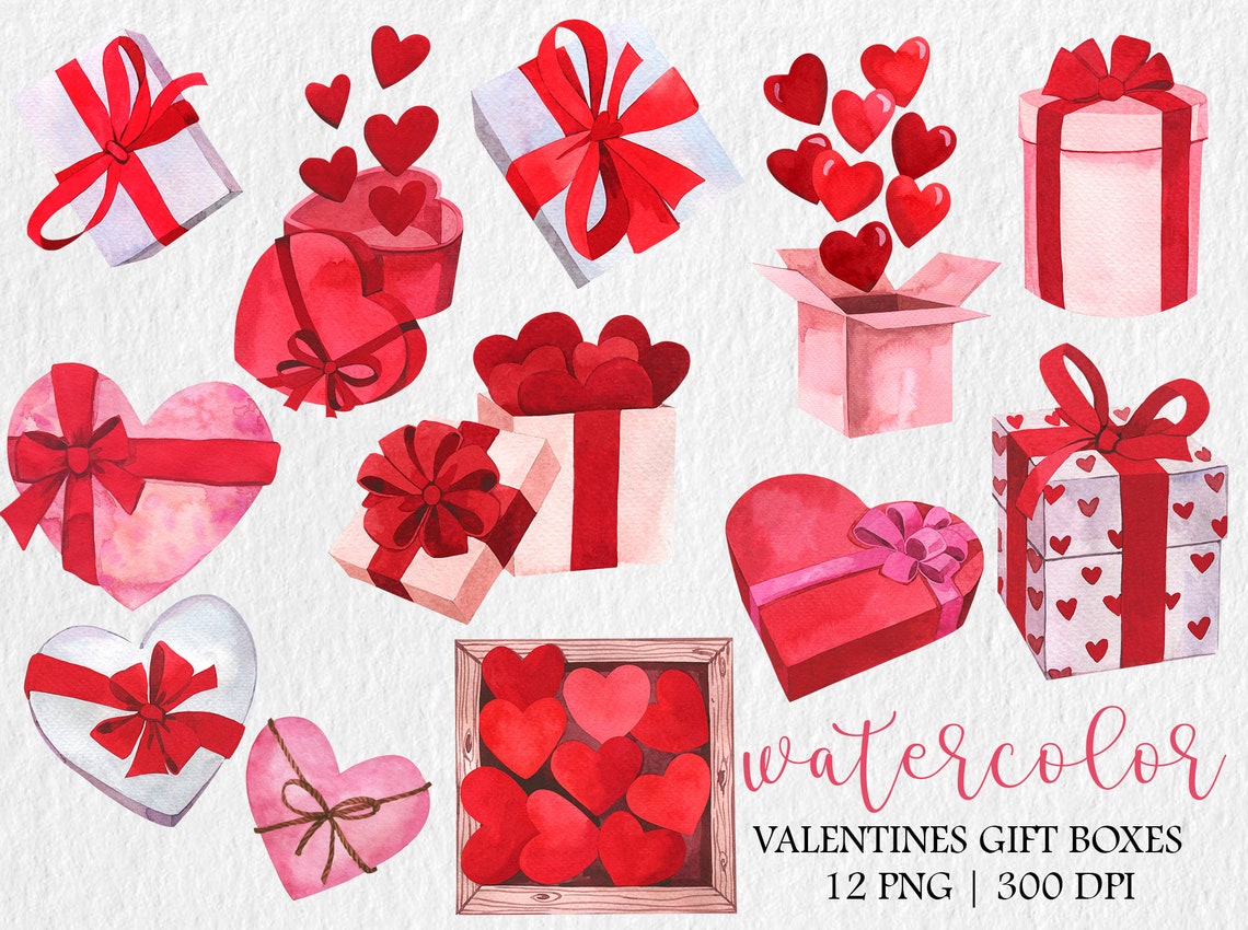 Watercolor Valentines Clipart, Watercolor Gift Box Clipart, PNG, Red ...