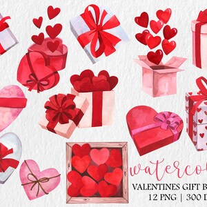 Watercolor Valentines Clipart, Watercolor Gift Box Clipart, PNG, Red ...