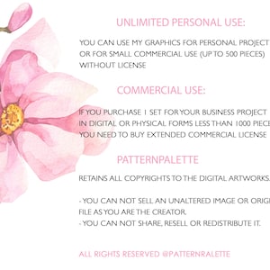 May include: A watercolor illustration of a pink magnolia flower with green stem and buds. Text on the right details personal and commercial use rights for the artwork, including copyright information. The artwork is by PatternPalette.