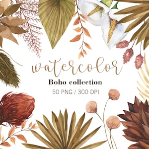 Aquarelle Boho Floral Clipart, clipart feuille de palmier séchée, mariage Boho, PNG, fleurs tropicales Boho, Clipart floral mariage