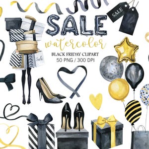 Watercolor Black Friday Clipart, Shopping Girl, Black Friday Decor, PNG Watercolor Fashion Clipart, Gifts Clipart, Watercolor Balloons, Sale