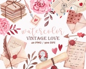 Watercolor Wedding Clipart, Valentines Day Clipart, Valentine Clipart, Vintage Love Letter Clipart, Wedding Clipart , Cute love clipart, PNG