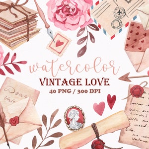 Watercolor Wedding Clipart, Valentines Day Clipart, Valentine Clipart, Vintage Love Letter Clipart, Wedding Clipart , Cute love clipart, PNG image 1