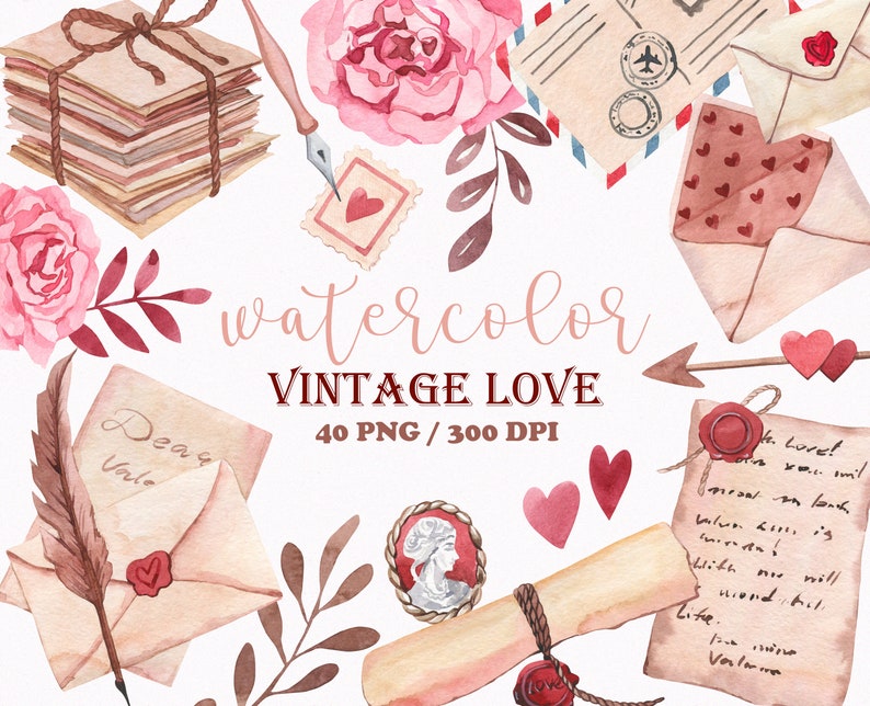 Watercolor Wedding Clipart, Valentines Day Clipart, Valentine Clipart, Vintage Love Letter Clipart, Wedding Clipart , Cute love clipart, PNG image 1