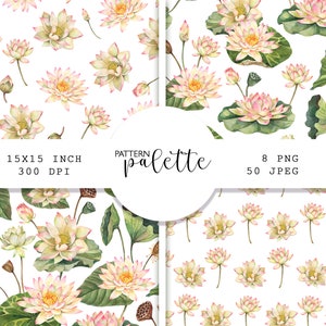 Padrão sem emenda de lótus em aquarela, nenúfares, flor de lótus, folhas verdes de lótus, papéis digitais florais, decoração de casamento, álbum de recortes, PNG