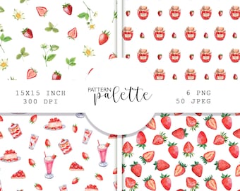 Paquete de patrones de fresas en acuarela: Papel digital para cocina de verano en formato PNG y JPEG.
