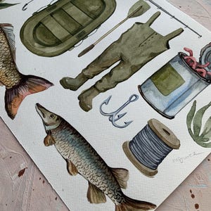 May include: Watercolor illustration of fishing gear, including a green inflatable boat, fishing waders, a fishing rod, a spool of fishing line, two fish hooks, a can of worms, and two fish. The illustration is signed "Kogutka".