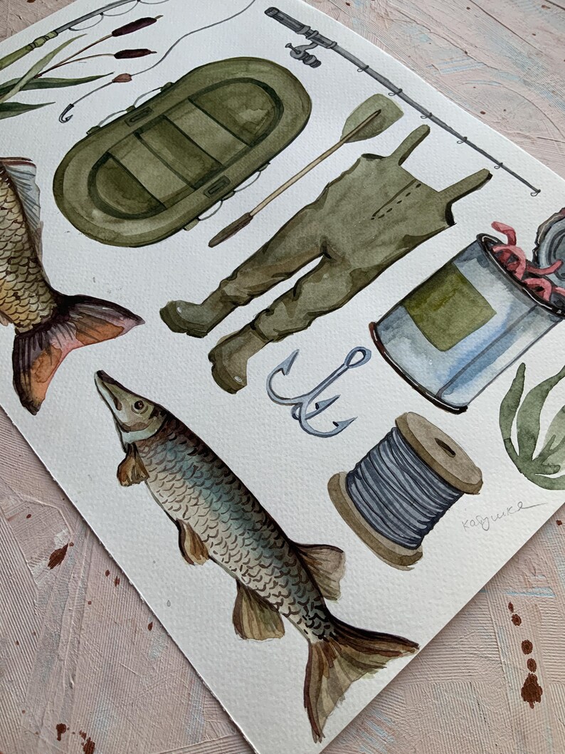 May include: Watercolor illustration of fishing gear, including a green inflatable boat, fishing waders, a fishing rod, a spool of fishing line, two fish hooks, a can of worms, and two fish. The illustration is signed "Kogutka".