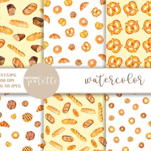 Op de afbeelding: Waterverfpatronen met diverse bakkerijproducten, waaronder broden, croissants, pretzels en gebak. De ontwerpen zijn in bruin- en geeltinten, met een aquareleffect. De tekst "PATTERN palette" en "watercolor" zijn ook zichtbaar.