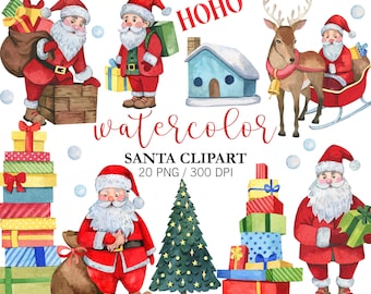 Watercolor Santa Clipart, Christmas Clipart, Christmas Decor, PNG, Christmas Gifts, Santa Claus Christmas Art, Reindeer Clipart
