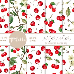 May include: A set of five watercolor seamless patterns featuring red cherries and white blossoms on a white background. The patterns are perfect for creating digital or printed designs for fabric, wallpaper, wrapping paper, and more.