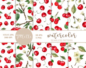 Watercolor Cherry Pattern, Cherry Digital Paper, Seamless patterns, Red cherry patterns, Watercolor paper, Fruit paper, Summer papers, PNG