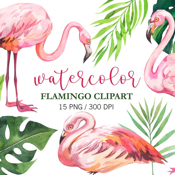 Watercolor Flamingo Clipart, Pink Flamingo, Tropical Clipart, Nursery Decor, PNG, Summer clipart, Exotic Clipart, Tropical Floral,