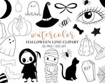 Imágenes prediseñadas de Halloween en blanco y negro, dibujo lineal, imágenes prediseñadas de garabatos, imágenes prediseñadas de otoño, decoración de Halloween, fiesta de Halloween, arte lineal, dulces de Halloween, PNG
