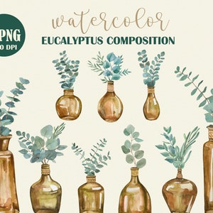 Eucalyptusplant in glazen flessen, eucalyptus clipart, aquarel huis clipart, groen clipart, png, zomer clipart, bruine glazen fles