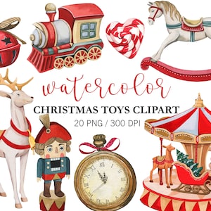 Aquarell Spielzeug Clipart, Weihnachtsdekor, Nussknacker, Weihnachtsbaum Spielzeug Clipart, Karussell, Pferd, Winter Clipart, rote Spielzeug, PNG,