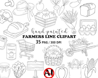 Imágenes prediseñadas PNG de agricultores pintados a mano con líneas, imágenes prediseñadas de contornos de mercado agrícola, gráficos cottagecore de líneas negras, verduras de huerta cultivadas localmente.
