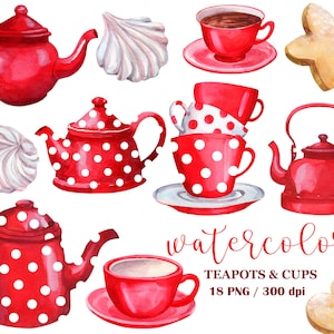 Clipart di teiera e tazza da tè ad acquerello, invito a una festa del tè ad acquerello, clipart di un bar, clipart di una cucina, teiere rosse, tazze, PNG, clipart di cibo