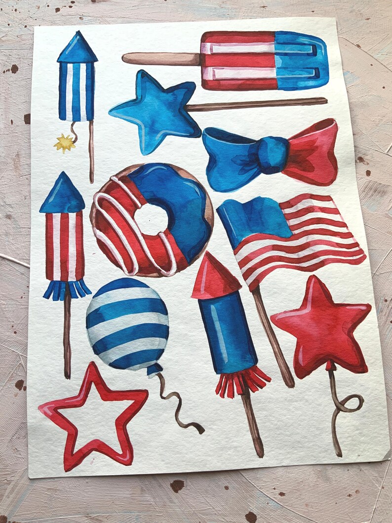 May include: Watercolour illustrations of various red, white and blue patriotic themed items, including stars, fireworks, a doughnut, a bow, a popsicle, and balloons.