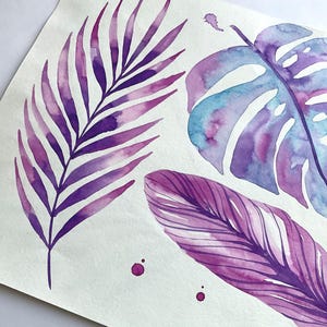 May include: Watercolor painting of purple and blue tropical leaves on a white background. The leaves are painted in a loose, flowing style, with a soft, watercolor effect.