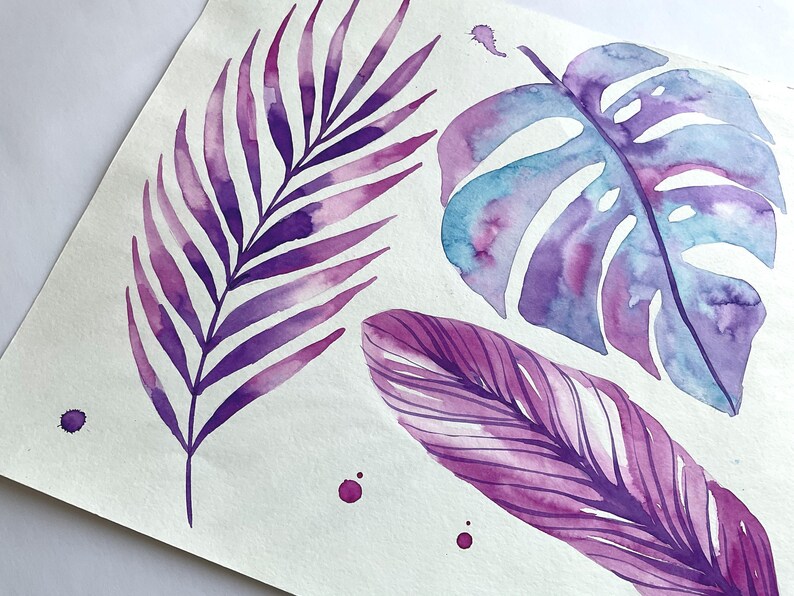 May include: Watercolor painting of purple and blue tropical leaves on a white background. The leaves are painted in a loose, flowing style, with a soft, watercolor effect.