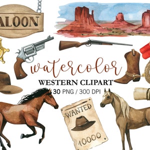 Clipart de faroeste em aquarela, clipart de faroeste selvagem, clipart de cowboy, PNG, decoração de berçário, clipart de cavalo, cowgirl, logotipo de faroeste, chá de bebê digital