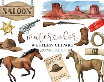 Watercolor Western Clipart, Wild West Clipart, Cowboy clipart, PNG, Nursery Decor, Horse Clipart, Cowgirl, Western logo, Baby shower Digital