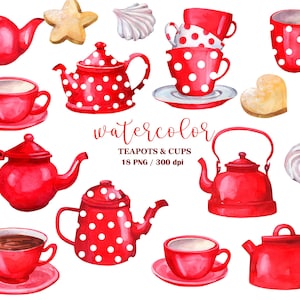 Watercolor Teapot and Teacup Clipart, Watercolor Tea party Invitation, Cafe clipart, Kitchen clipart, Red teapots, Cups, PNG, Food Clipart