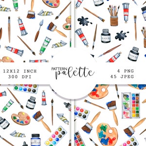 May include: A seamless pattern featuring watercolor illustrations of paintbrushes, paint tubes, palettes, and watercolor palettes. The pattern is on a white background and is perfect for crafting and DIY projects.