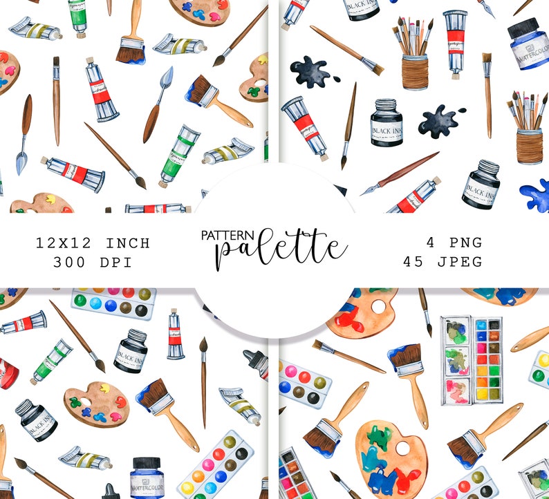 May include: A seamless pattern featuring watercolor illustrations of paintbrushes, paint tubes, palettes, and watercolor palettes. The pattern is on a white background and is perfect for crafting and DIY projects.