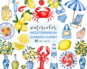 Watercolor Mediterranean Clipart PNG, Summer Beach Lemon Seafood Clipart, Amalfi Coast, La Dolce Vita Lemon Coastal Wedding Invite Clipart