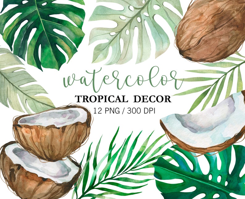 May include: Watercolor illustration of tropical decor featuring coconuts, palm leaves, and monstera leaves. The text "watercolor tropical decor 12 png / 300 dpi" is included in the image.