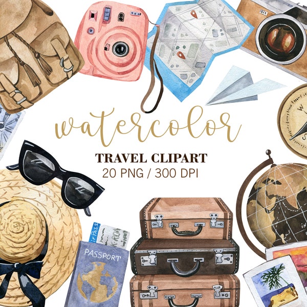 Watercolor Travel clipart, Summer Holiday, Vacation clipart, Tourism clipart, Planner clipart, Adventure clipart, PNG, Airplane Camera Globe