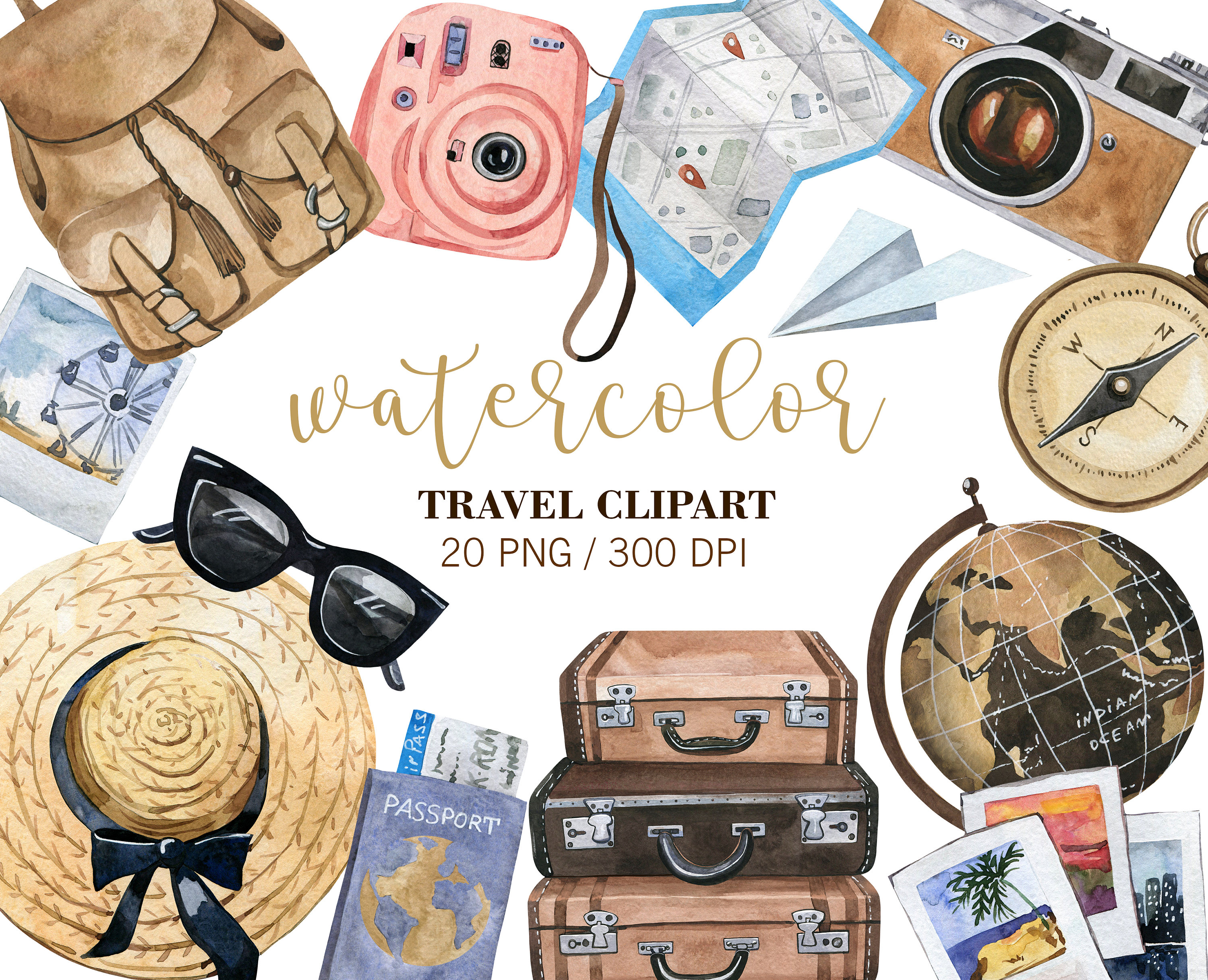 Summer Watercolor Hat Vintage Suitcases Vacation Travelling Clipart Watercolor Suitcases and Bags Watercolor Travel Clip Art