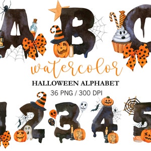 Clipart de alfabeto de Halloween em aquarela, PNG de alfabeto, decoração de Halloween, fonte de Halloween, letras separadas em aquarela, números, pintados à mão