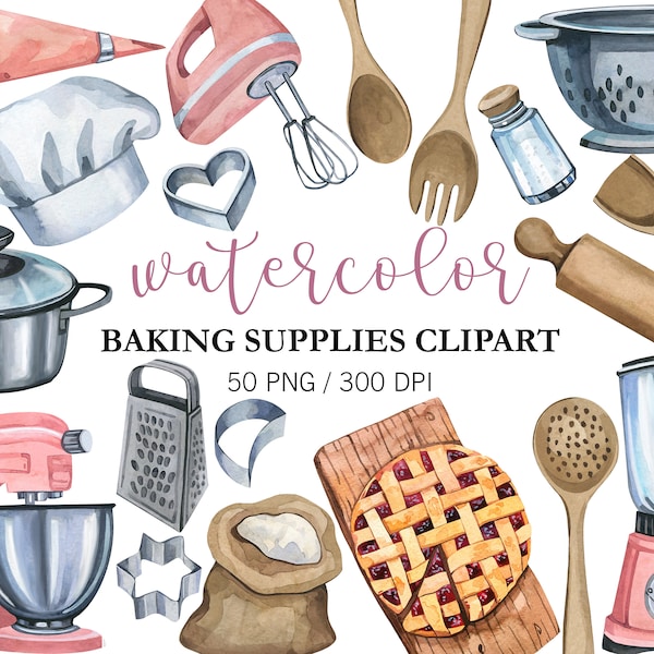 Watercolor Bakery Cooking clipart Bakery Decor, Kitchen Clipart, PNG, Planner Stickers, Bakery Supplies, Food clipart Kitchen Utensils