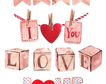 Watercolor Valentines Day Clipart, Valentines PNG, Love banners, Valentines Banner, Love png, retro phone, hourglass, Watercolor Hearts