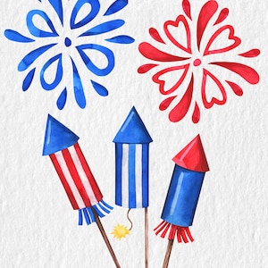 May include: Three watercolour painted red, white and blue fireworks with a red and blue firework burst in the background.