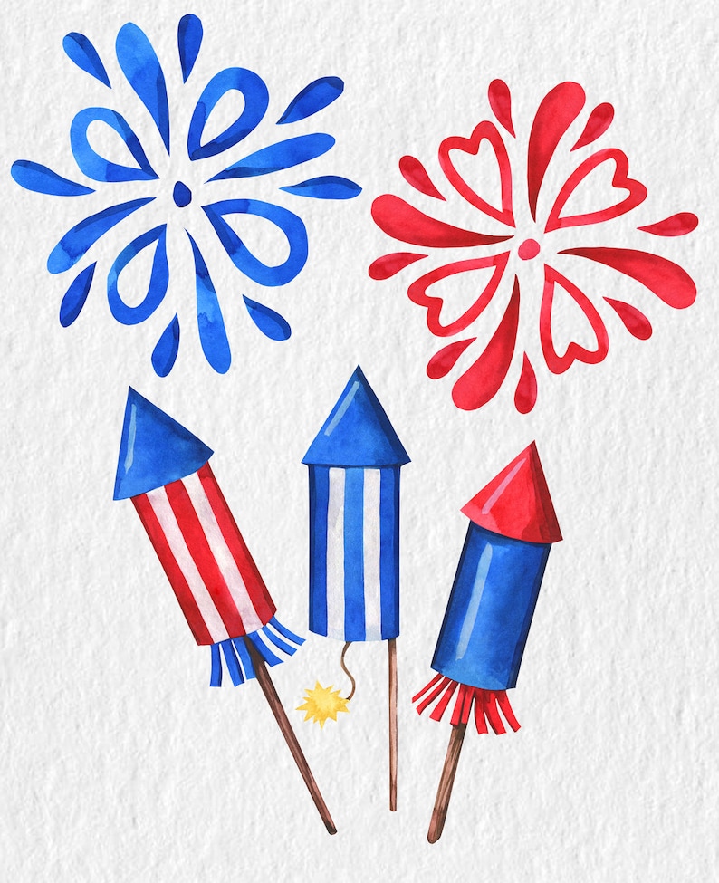 May include: Three watercolour painted red, white and blue fireworks with a red and blue firework burst in the background.
