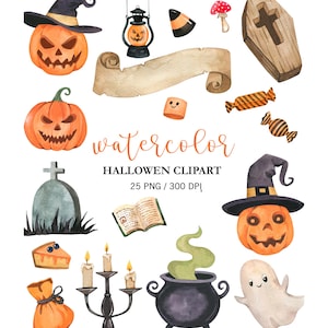 Watercolor Halloween Clipart, Watercolor pumpkins, Spooky Party Decor, Commercial Use PNG Digital Download